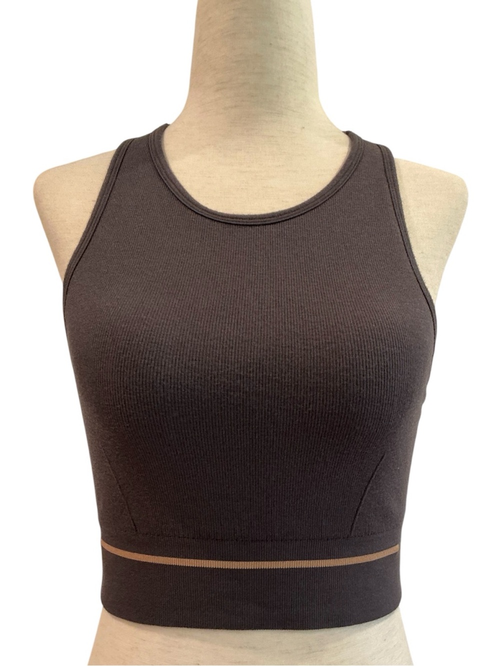 Lunya Ribbed Scoop Sports Bra with Logo Band in Taupe Size Medium - Picture 2 of 8